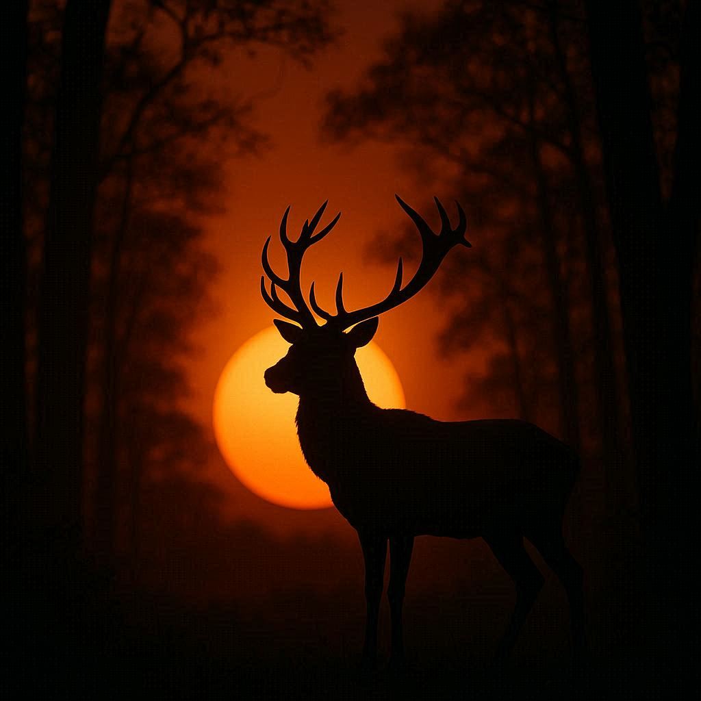 Create a real-life 8k professional photograph of a silhouette of a deer at dusk in front of the sun, surrounded by woodland.