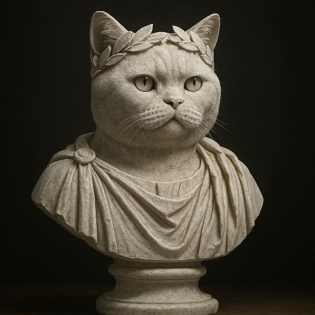 Stone bust of a British Shorthair cat in white marble, styled as an ancient Roman statue. Features include carved toga, marble laurel wreath, fine chisel marks, and solid stone texture. Dark background with soft museum spotlight. Classical sculpture realism, full marble consistency, no organic elements.