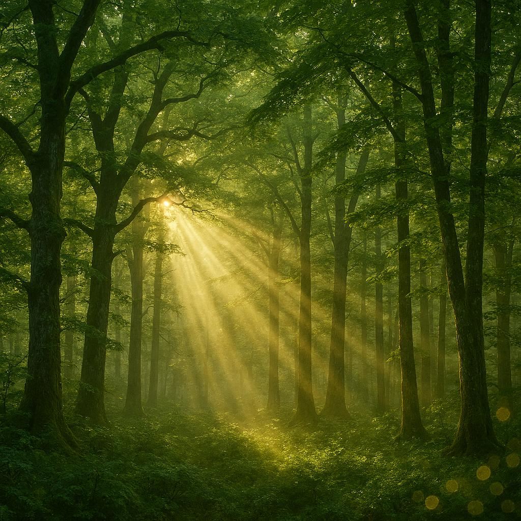 Sunbeams pierce through dense emerald forest canopy, creating ethereal golden bokeh patterns as morning mist dances between ancient oak and maple trees.